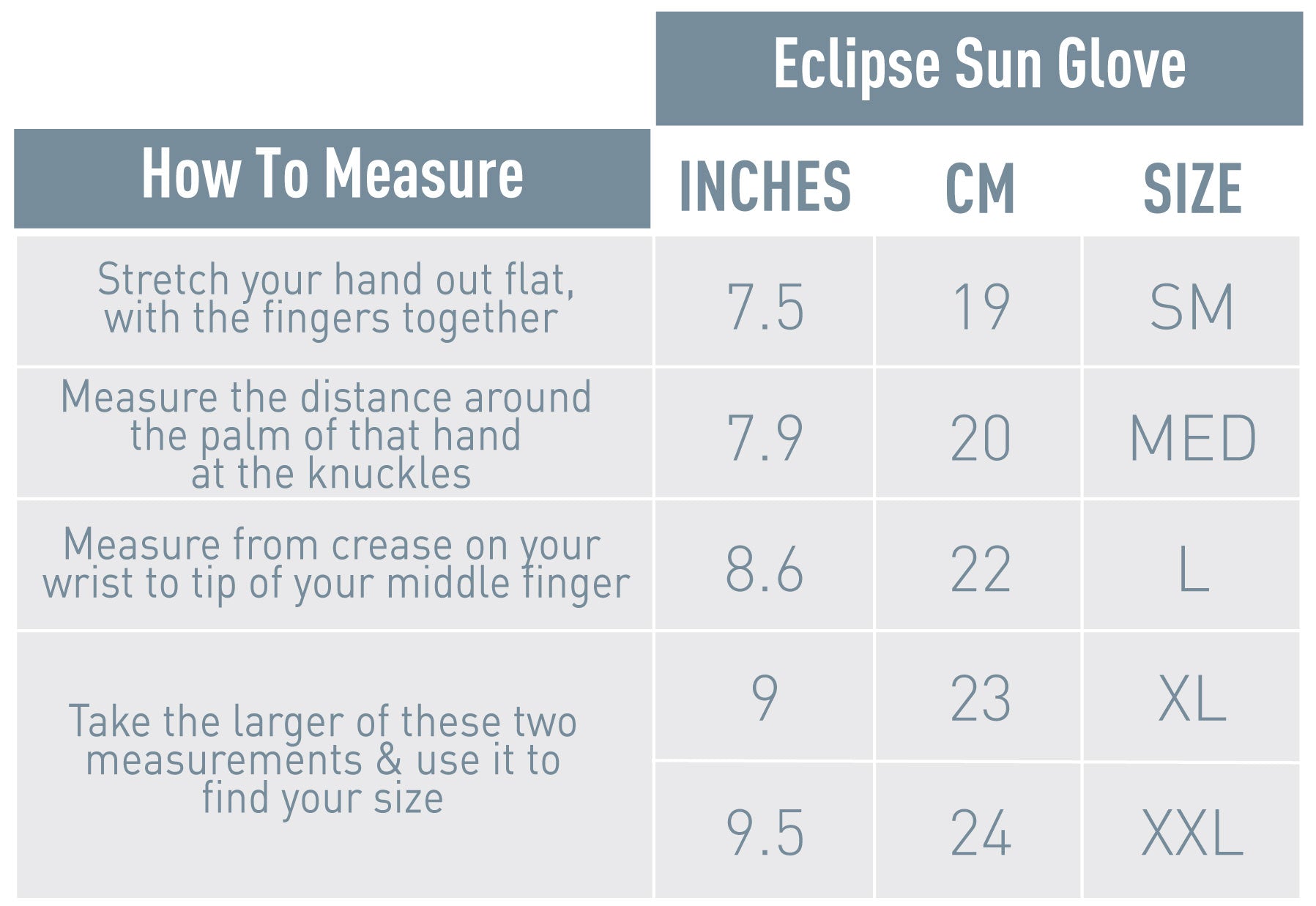 Eclipse Sun Glove size guide table